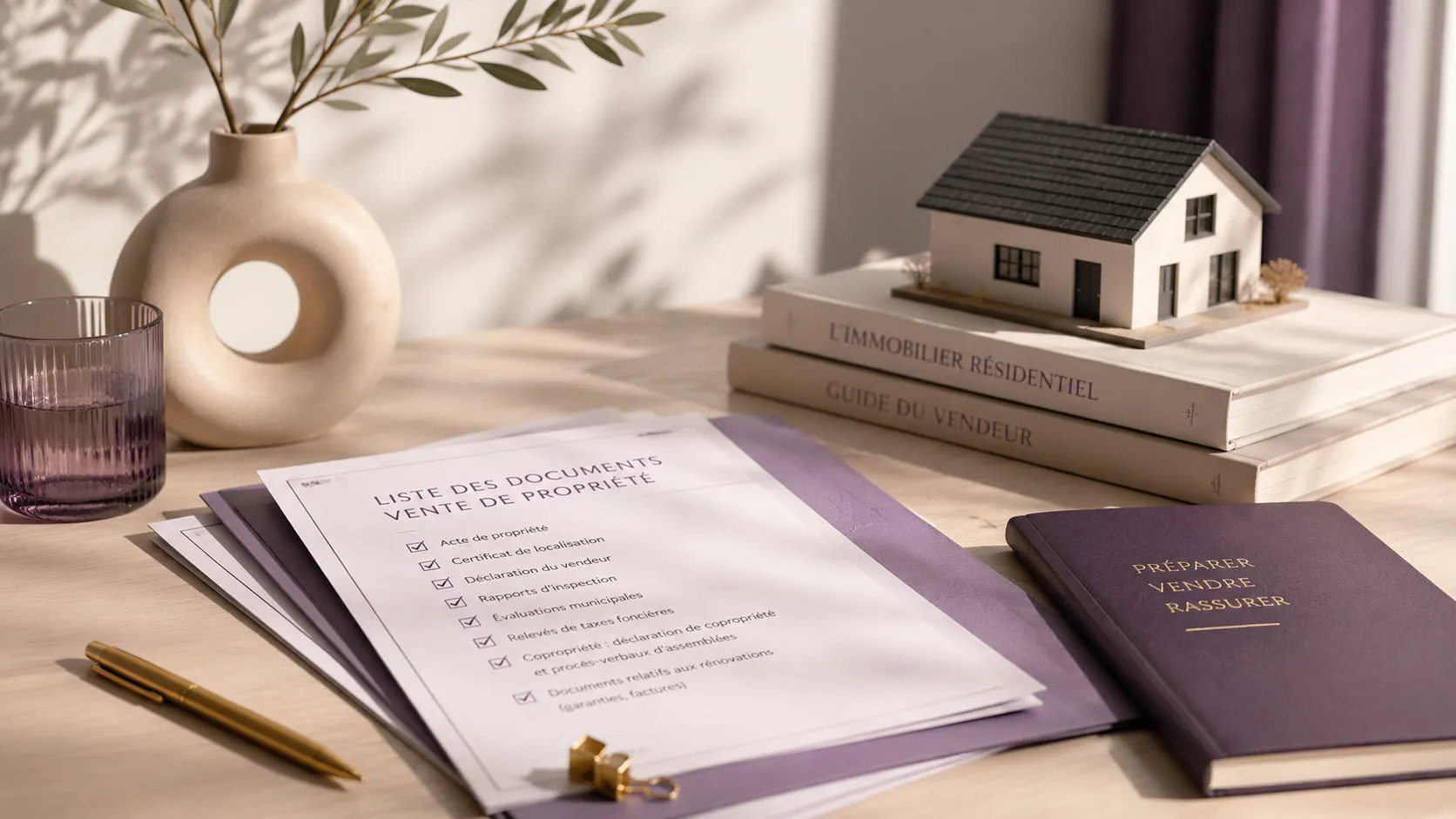 Liste des documents à rassembler pour la vente d’une propriété, posée sur une table avec un stylo, des dossiers et une maquette de maison